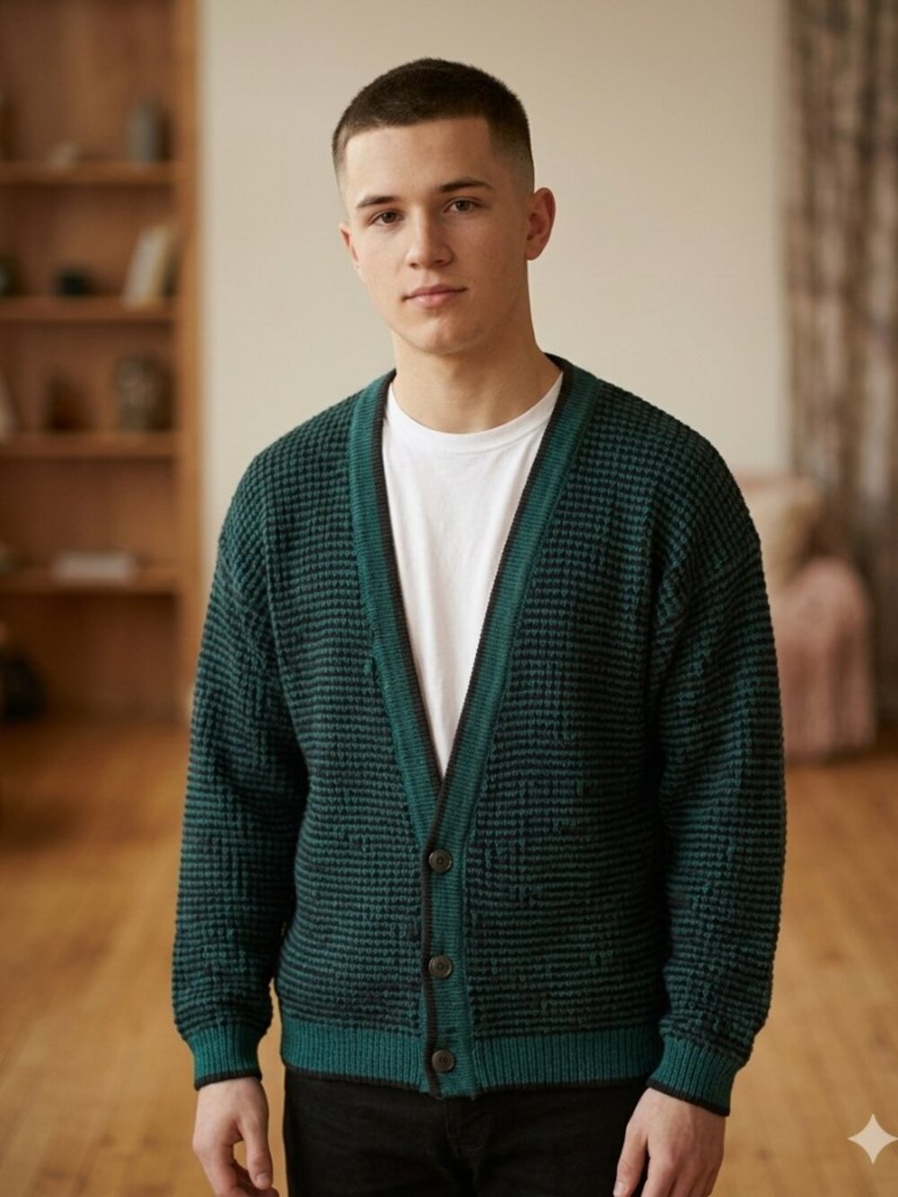 STREET CLOSED V-Neck Buttoned Cardigan Sweater Marled Black/Teal Knit Men's XL